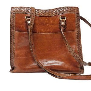 Brahmin Vintage Tote Large Shoulder Bag Cognac Brown Leather Purse Basketweave